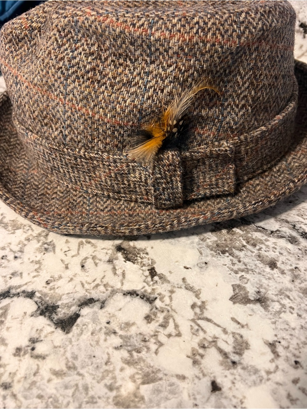 Pendleton Brown Tweed Bucket Hat with Feather Detail
